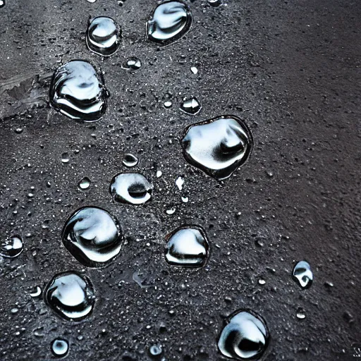 Prompt: photo of a dripping chrome blob melting on a city street macro