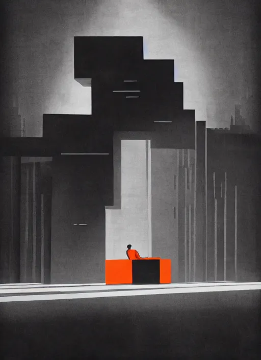 Prompt: (((habitat 67 city on fire lone man in chair))), Mads Berg, Karolis Strautniekas, James Yang, Brutalism, Constructivist, film noir, stippled light, dramatic lighting,editorial illustration, detailed, matte print, dark orange black white red