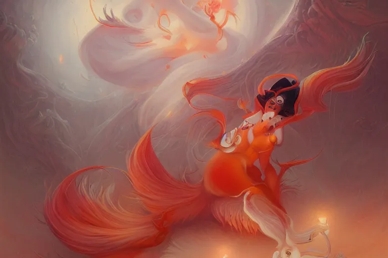 Image similar to prompt A beautiful red orange kumiho, fluffy nine fox tails, Peter Mohrbacher