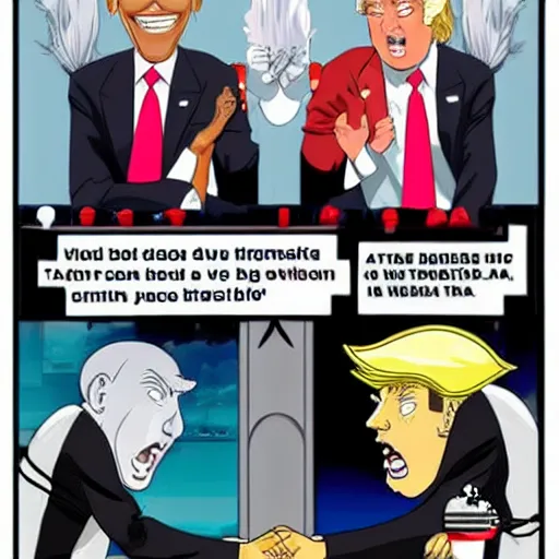 Image similar to obama and trump fighting in the style of anime