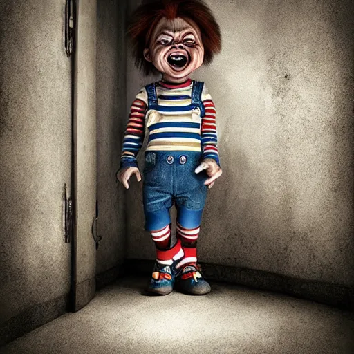 Prompt: cartoon painting of chucky by michal karcz