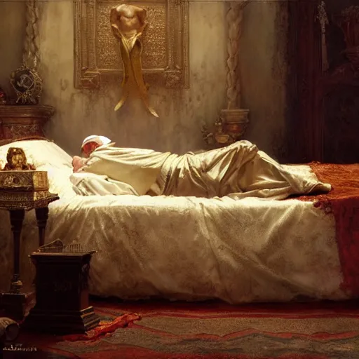 Image similar to the pope laying down in his bed, terrified, because a double horned shadow demon is in the bedroom. highly detailed painting by gaston bussiere, greg rutkowski, craig mullins 8 k