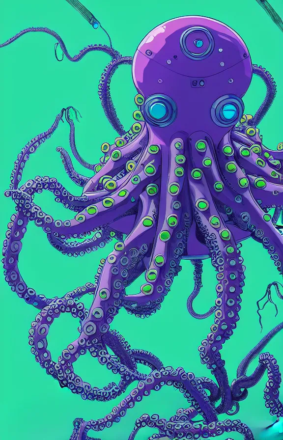 Image similar to robotic octopus by miyazaki, blue green purple color palette, illustration, kenneth blom, mental alchemy, james jean, pablo amaringo, naudline pierre, contemporary art, hyper detailed