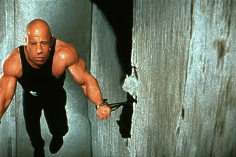 Prompt: film still of Vin Diesel as John McClane crawling through ventilation shaft in Die Hard 1988