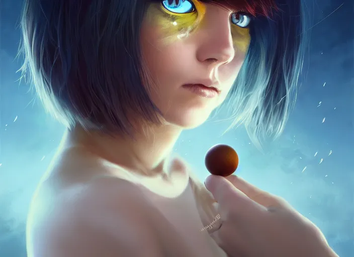 Image similar to rimuru tempest playing go, with amber eyes of golden colored eyes, straight hair, sky blue hair, long bangs, high collar, concept art, award winning photography, digital painting, cinematic, wlop, 8 k, by ross tran, tom bagshaw, andy warhol