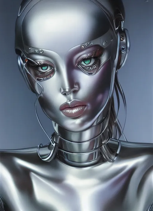 Prompt: beautiful female chrome robo, portrait by hagime sorayama and gerald brom, colorul, extreme detail, reflections, trending on artstation, 8 k