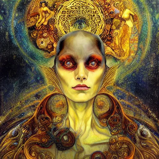 Image similar to Divine Chaos Engine by Karol Bak, Jean Deville, Gustav Klimt, and Vincent Van Gogh, beautiful visionary mystical portrait, sacred, otherworldly, fractal structures, Surreality, ornate gilded medieval icon, third eye, spirals