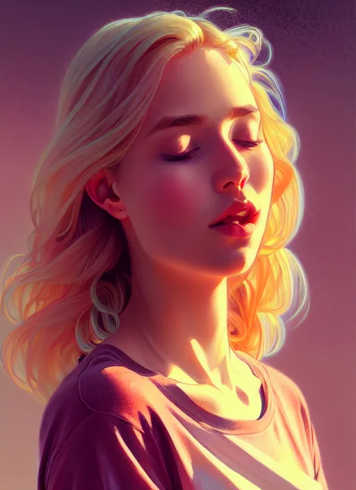 Image similar to attractive young women with shoulder length blonde hair, half body shot, path traced, highly detailed, high quality, digital painting, alena aenami, lilia alvarado, shinji aramaki, karol bak, alphonse mucha, tom bagshaw