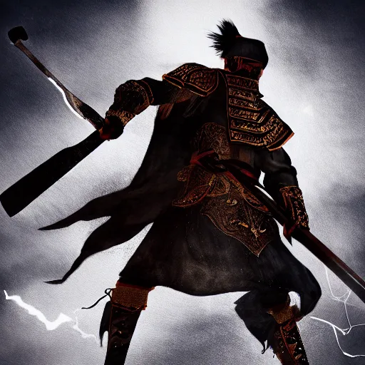 Prompt: ancient ink painting of a chinese warrior in clothes with a broadsword, hejump and hit the monster down hard, dark cloud and lightning on the grounddramatic lighting, whole body, extremely detailed, octane render, 8 k, sophisticated