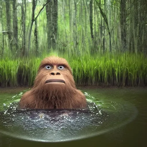 Image similar to sasquatch peeking head out of swamp water