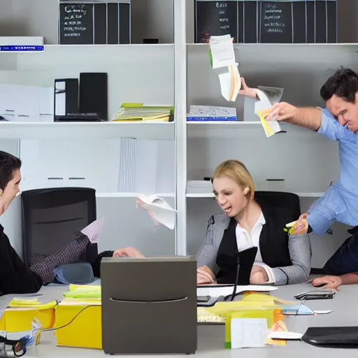 Prompt: monkeys as employees in the cubical offices, throwing bananas and folders on clients