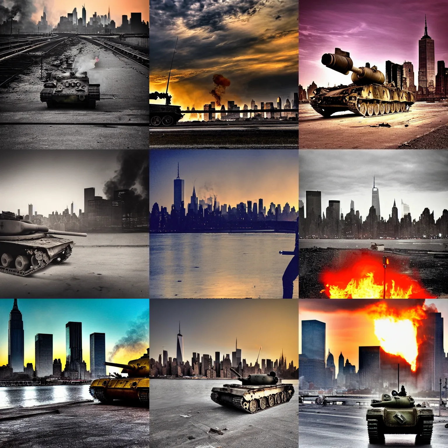 Prompt: destroyed tank in front of the new york skyline, smoking and burning, reflections, award winning photograph, sunset, desolate, atmospheric