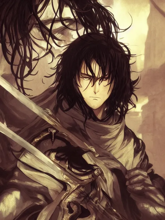 Image similar to close up picture of a saint sword man being tired at war. looking at the camera, cynical, bored, beautiful and aesthetic, intricate, unreal engine, messy hair, highly detailed, detailed face, smooth, sharp focus, chiaroscuro, manga illustration, artgerm, greg rutkowski, alphonse mucha, young adult light novel cover art