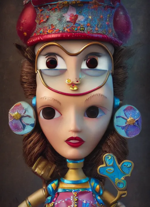 Image similar to closeup profile portrait of tin toy genie, jeannie, bikini, depth of field, zeiss lens, detailed, symmetrical, centered, fashion photoshoot, by nicoletta ceccoli, mark ryden, lostfish, breathtaking, 8 k resolution, extremely detailed, beautiful, establishing shot, artistic, hyperrealistic, octane render
