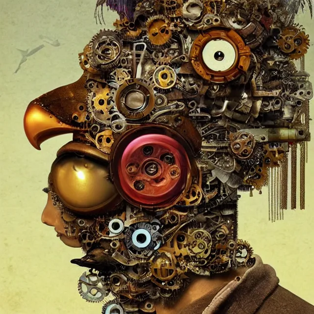 Image similar to profile portrait of a bird, computer parts, mechanical parts, by giuseppe arcimboldo, steampunk, cyberpunk, futuristic, psychedelic, surreal, sci - fi, vaporwave, alien, dreamlike.