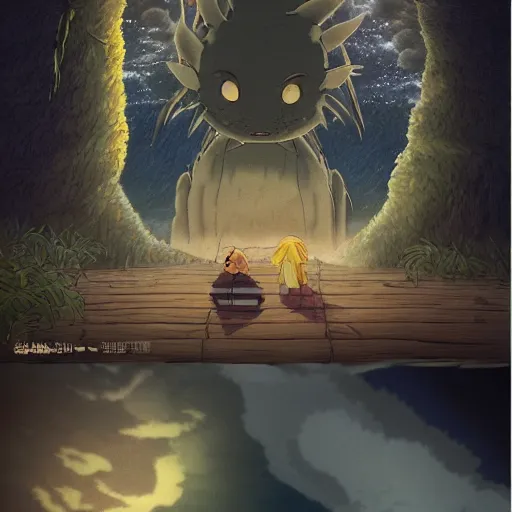 Image similar to mysteruous creature made by studio ghibli ( in the night ), 8 k, high details, high quality, beautiful scene, smooth, detailed creature,