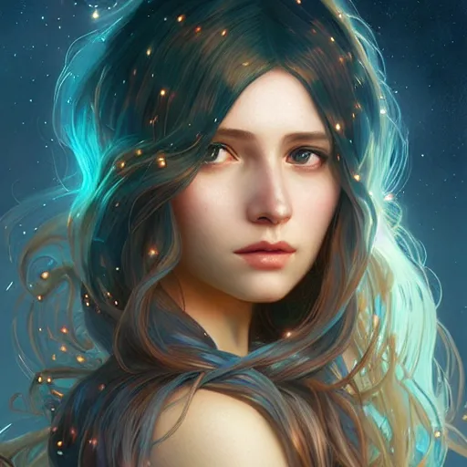 Image similar to girl with super long hair, hair becoming bright stars, intricate, highly detailed, digital painting, artstation, concept art, smooth, sharp focus, illustration, unreal engine 5, 8 k, art by artgerm and greg rutkowski and alphonse mucha