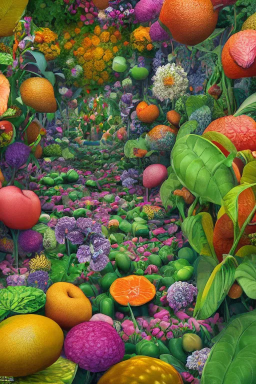 Prompt: super detailed color art, a lot of small garden flowers, A multiverse of fruits, unreal engine, wes anderson color palette, 3d render, colorful, digital art