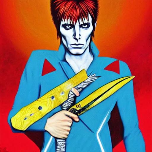 Image similar to Ziggy Stardust holding a Bowie knife, hand, james jean