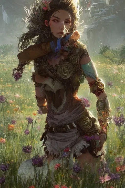 Image similar to A high fantasy wolf girl standing in the middle of the field of flowers by Eddie Mendoza face close up official media beautiful detailed high quality