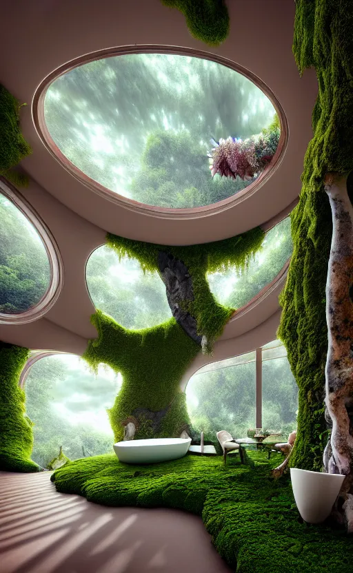 Image similar to highly detailed villa natural beautiful light interior soft cinematic composition of a smooth ceramic porcelain biomorphic magnolia stone nebula fluid sci - fi surreal colorful architecture landscape, furniture, granite, trees, marble, moss, lichen, fungi, vincent callebaut composition, mamou - mani, archviz, 8 k, unreal engine, hdr