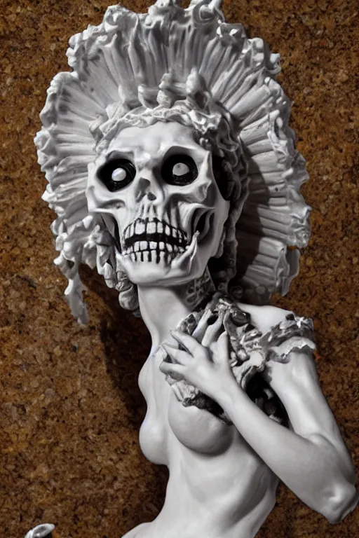 Image similar to Dramatic view of La catrina statue sculpted on white stained marble by Bernini and kris kuksi