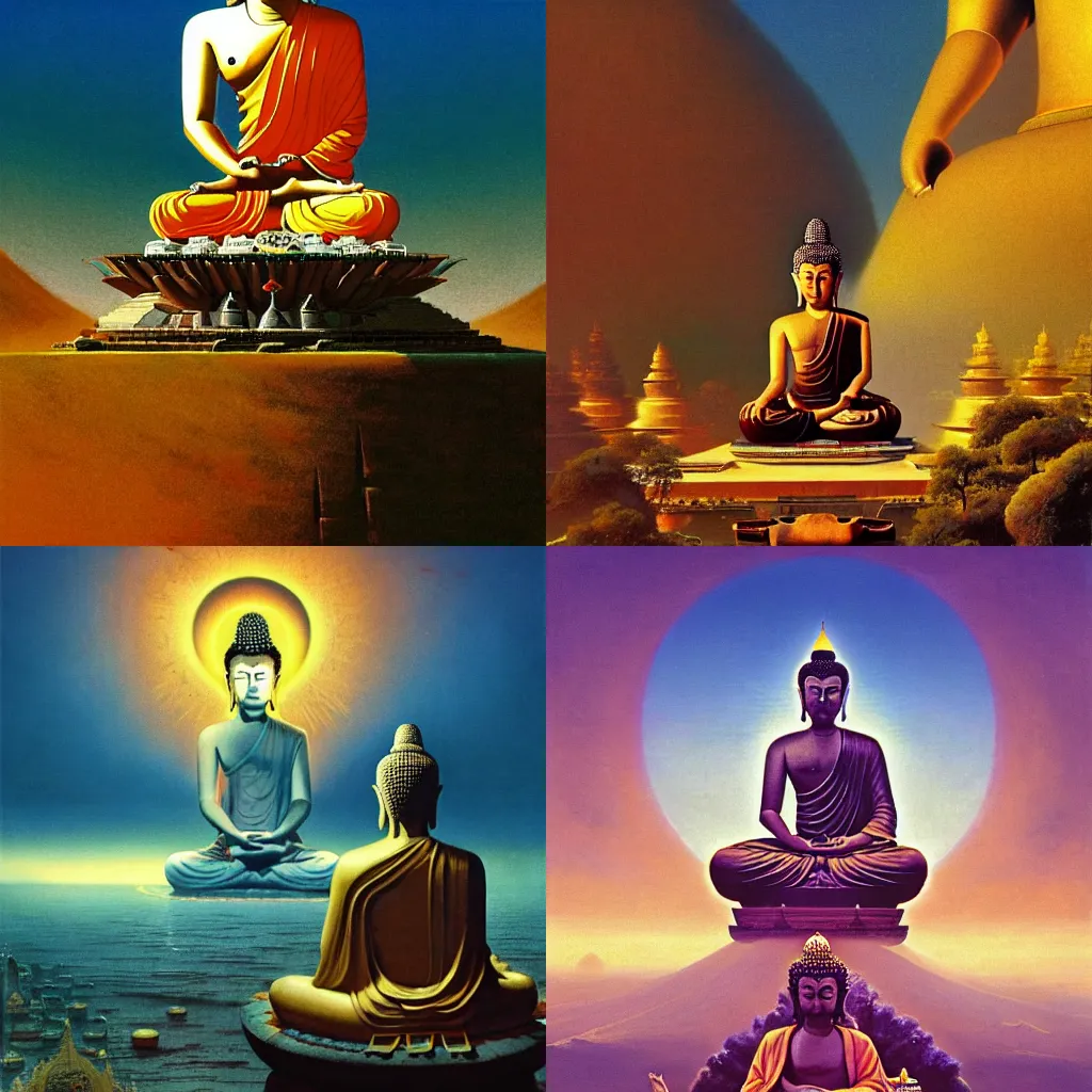 Prompt: The moment when Gautam Buddha achieved nirvana, by Bruce Pennington, by Dean Ellis, by Greg Rutkowski, by oil on canvas, masterpiece, detailed, dynamic, cinematic composition, beautiful lighting, view from ground, trending on artstation, top on pixiv, 8K, award winning, no frames,