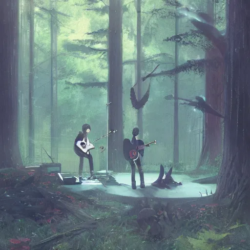 Image similar to emo band playing music performing in the woods, hyperrealistic, trending on pixiv fanbox, painted by greg rutkowski makoto shinkai takashi takeuchi studio ghibli, akihiko yoshida