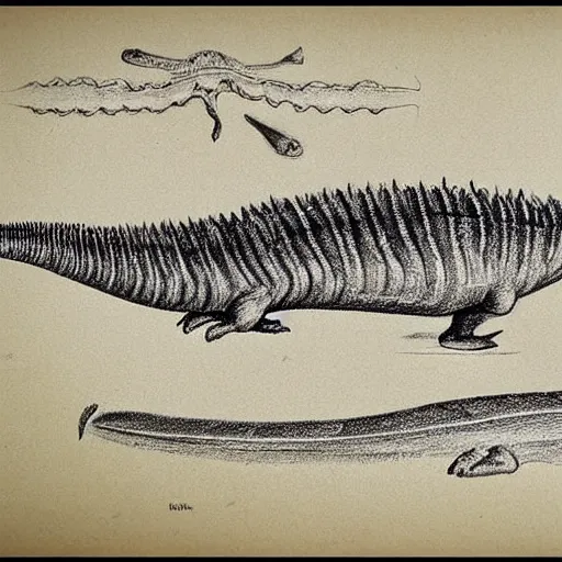 Prompt: “Victorian scientific drawing of a small icthyosaur with sharp teeth and sharp scales, the picture is a very detailed illustration drawn in pencil and India ink, realistic”