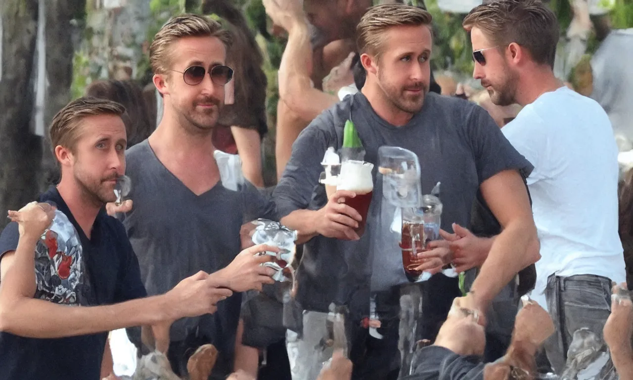 Prompt: Ryan Gosling drinks beer with Jesus