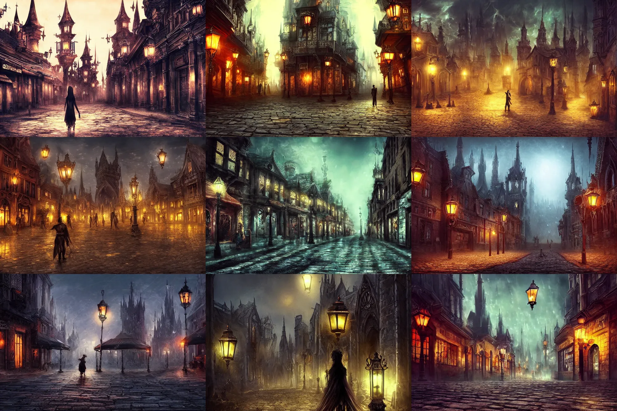 Prompt: style : dark fantasy. composition : long shot, waist level ; low angle. key words : digital art ; detailed ; 4 k. scenery : a gothic harbor city. subject : no one on the streets ; the town has been deserted. details : at night ; lanterns in the streets.