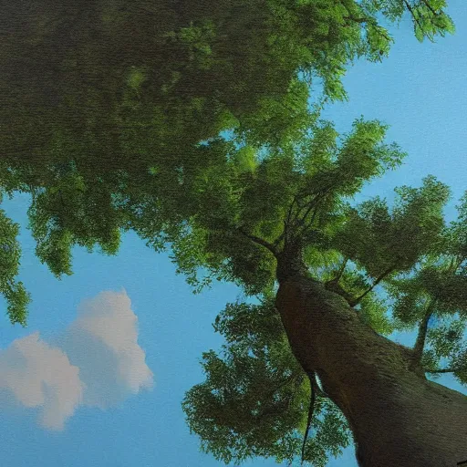 Prompt: 100 meters tall, northern maple oak tree, art style by Syd Mead, view from the ground level, looking up, afternoon setting with thick clouds in the distance, digital oil painting