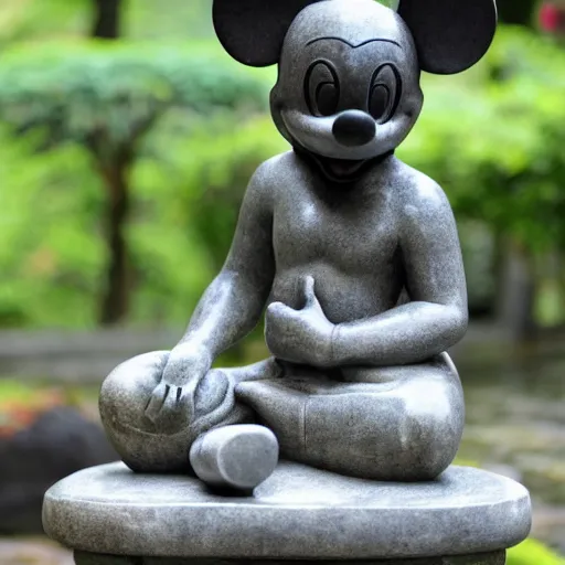 Image similar to marble statue of mickey mouse meditating in a rococo japanese garden