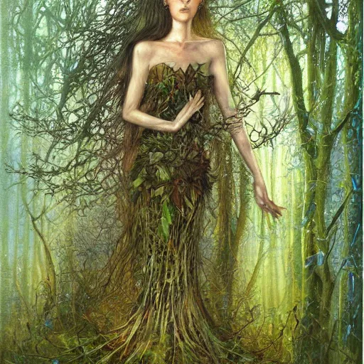 Image similar to fey queen of the summer forest, dress of leaves, fine features, thin, young, silver shimmering hair, by brian froud, dusk scene, night colors, oil on canvas, oil panting