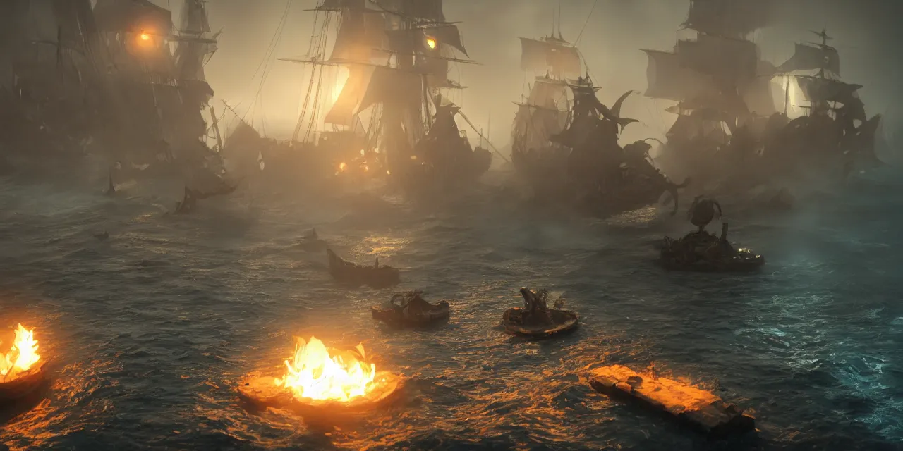 Image similar to pirates vs the kraken tentacles coming out of the water, cinematic, foggy, volumetric lighting, fire, unreal engine, trending on artstation