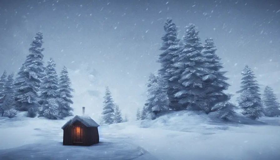 Image similar to Unreal Engine Survival Game in a cozy! warm small hut!!. Outside is a blizzard and Heavy Thick snow with Fog and Mist in a Beautiful dark Landscape, Distant Lights, Hyperrealistic, Hyperdetailed, Concept Art, High Snow