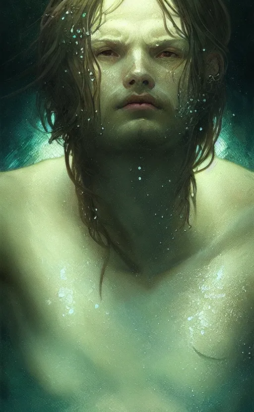 Prompt: a portrait of a drowned man under water, concept art, deep focus, intricate, highly detailed, digital painting, artstation, matte, sharp focus, bokeh, art by greg rutkowski and alphonse mucha