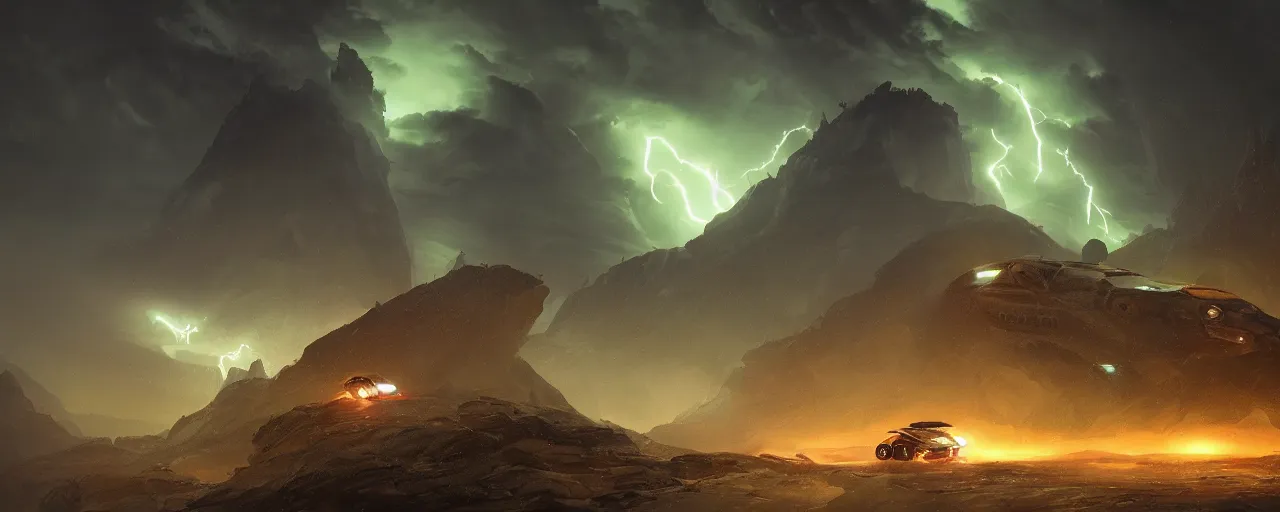 Prompt: an image of an alien bug like ship in the night on a mountain with green headlights on by Paul Chadeisson, atmospherical, heavy storm, lightnings , concept art, high detail, intimidating , cinematic, Artstation trending, octane render