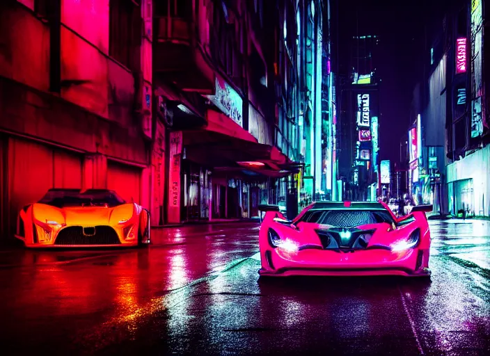 Image similar to a neon hypercar in the dark and rainy city street by Liam Wong