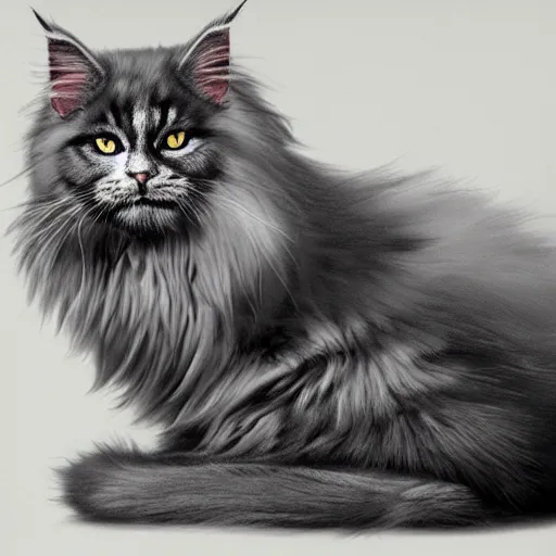 Prompt: a big old menacing dark grey maine coon cat with white belly, white paws and white face markings with long fur and fluffy tail, sitting, intricate, elegant, highly detailed, digital painting, artstation, concept art, matte, sharp focus, illustration, art by Artgerm and Greg Rutkowski and Alphonse Mucha