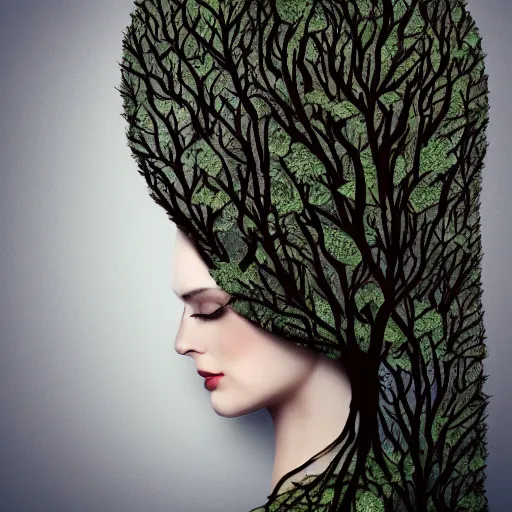 Image similar to woman with tree growing out of her head, beautiful, artistic, digital art