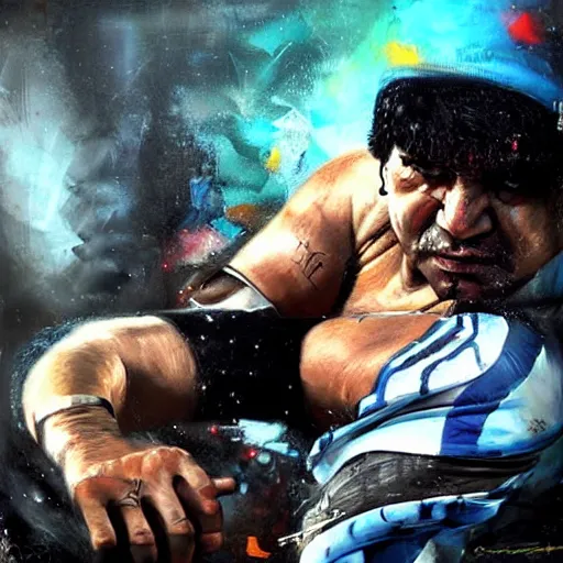 Image similar to stunning portrait of Diego Maradona playing Capoeira, painting by Raymond Swanland, cyberpunk, sci-fi cybernetic implants hq