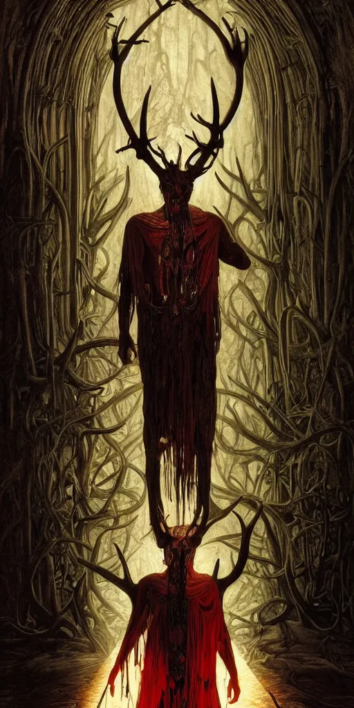 Prompt: intense glowing black metal pagan god with veins and antlers and intense pure black eyes and a blood skull in very dark wooden cathedral by beksinski and alphonse mucha and artgerm, portrait, fantasy, clear, light beams, lens flare, intense, uhd, amazing depth, cinematic lighting, shining gold and black and red