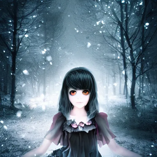 Image similar to focus face portrait of beautiful darkness witch 3D anime girl, dark forest background, snowing, bokeh, inspired by Tim Burton, digital painting, high contrast, unreal engine render, volumetric lighting, high détail