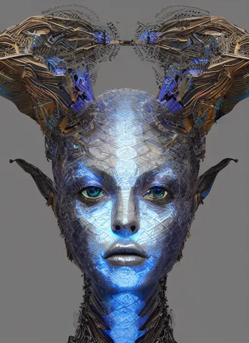 Prompt: a hybrid humanoid androgyne muse with recursive horned wings attached to side of head, concept art, alien-like, sculpted iridescent optical mineralogy features, intricate detail, holographic, pixel sorting, style by James Jean, circuitry, organic detail, asymmetry, cinematic, epic wide shot, ultra detailed, artstation, sharp focus,smooth, cinematic lighting, cinematic detail, composition, photorealistic, render in unreal engine 5, golden ratio, 8k render