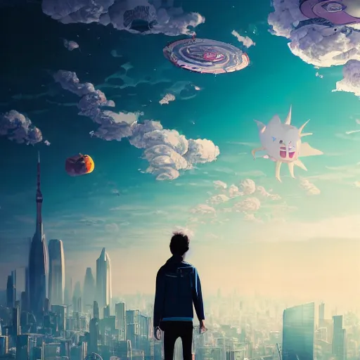 Image similar to a young man walking on clouds away from the camera perfectly centered above post - apocalyptic city by takashi murakami, beeple and james jean, aya takano color style, 4 k, super detailed, modern, 4 k, symmetrical