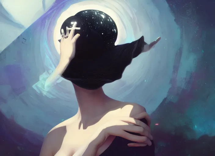 Image similar to high angle picture of a black dress witch researching about the azathoth, model pose, very brightening eyes, huge magic circles on the hand, magic and fantasy, extremely beautiful and aesthetic and detailed cute face, specular reflection, occlusion shadow, intricate, masterpiece, by ilya kuvshinov and jeremy lipking and quentin mabille