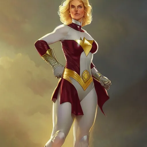 Image similar to Linda Carter as Power Girl, western, D&D, fantasy, intricate, elegant, highly detailed, digital painting, artstation, concept art, matte, sharp focus, illustration, art by Artgerm and Greg Rutkowski and Alphonse Mucha