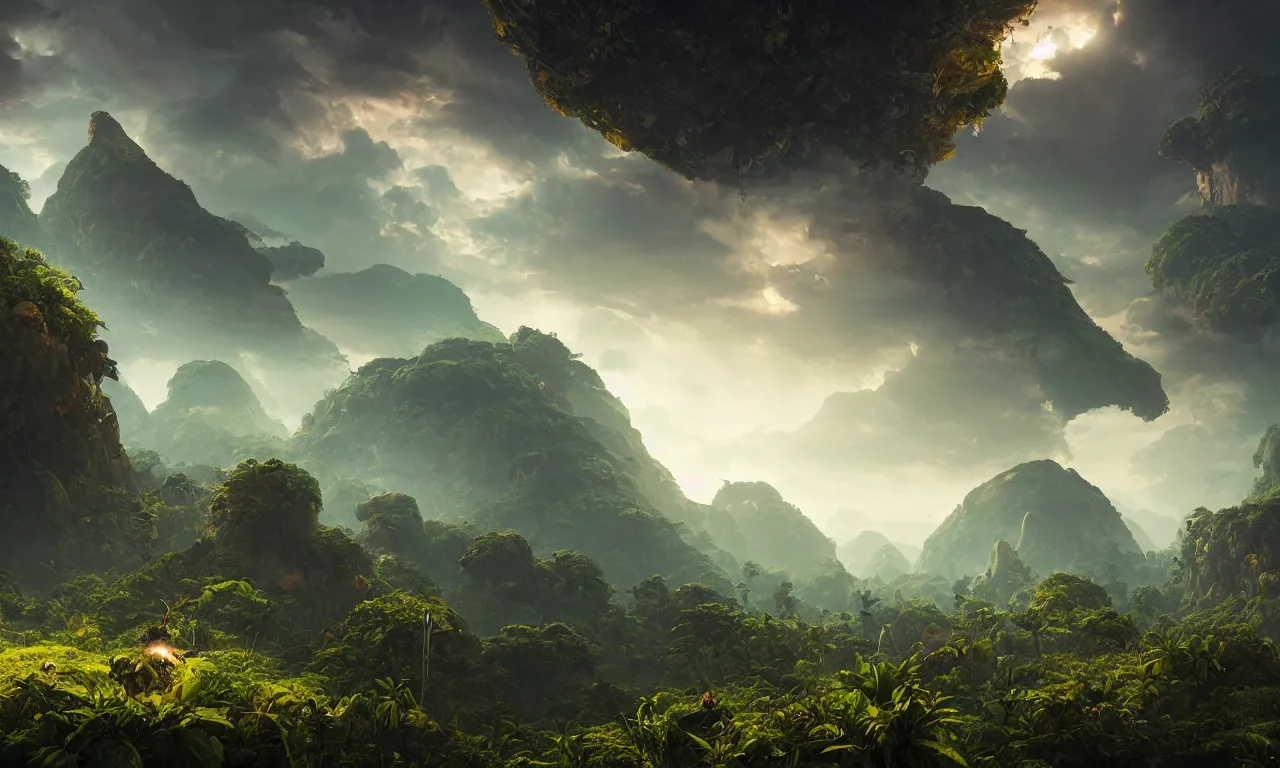 Prompt: jungle covered planet with mountains in clouds on the background, science-fiction, cinematic lighting, cinematic angle, Guillem H. Pongiluppi, Sviatoslav Gerasimchuk, Federico Pelat, dusk