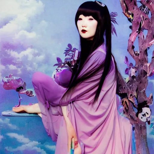 Prompt: fashionable photo of amai liu in futuristic goth make - up, lolita fashion, hanfu, latex, cute, ultra realistic, pastel colors, modeling studio, yoga pose, highly detailed, photorealistic, volumetric light, voluptuous, by bruce pennington, by wayne barlowe, by takashi murakami, by john berkey